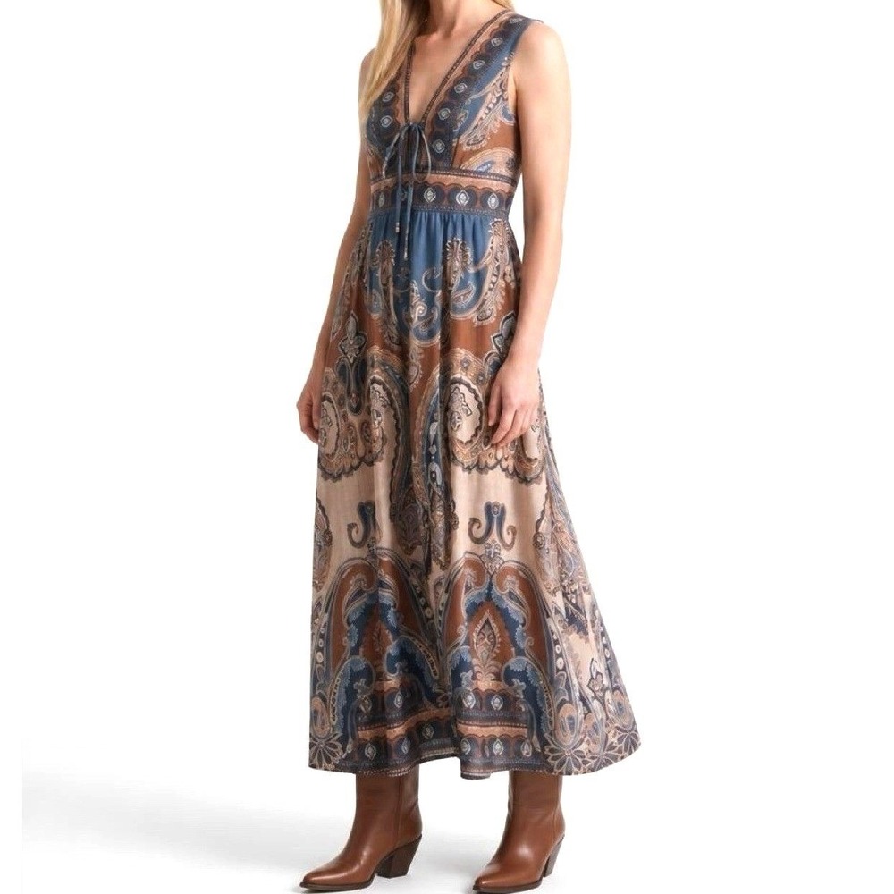 NWT Caroline Constas V-Neck Boho Artisan Dress, Size Small
